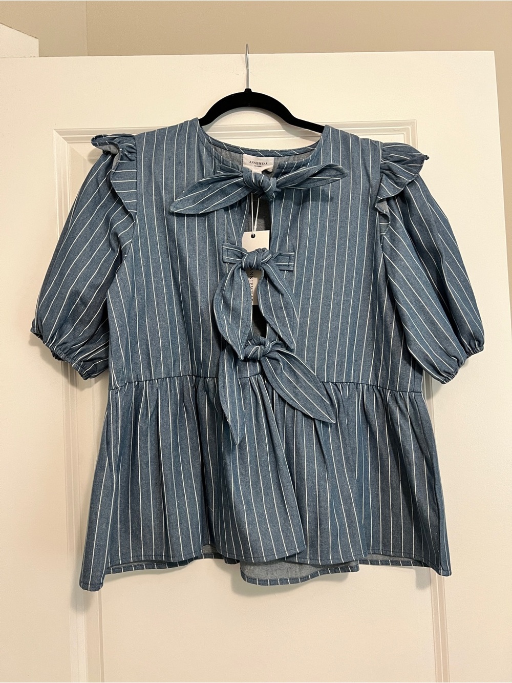 Blue Pinstripe Tie-Front Peplum Blouse